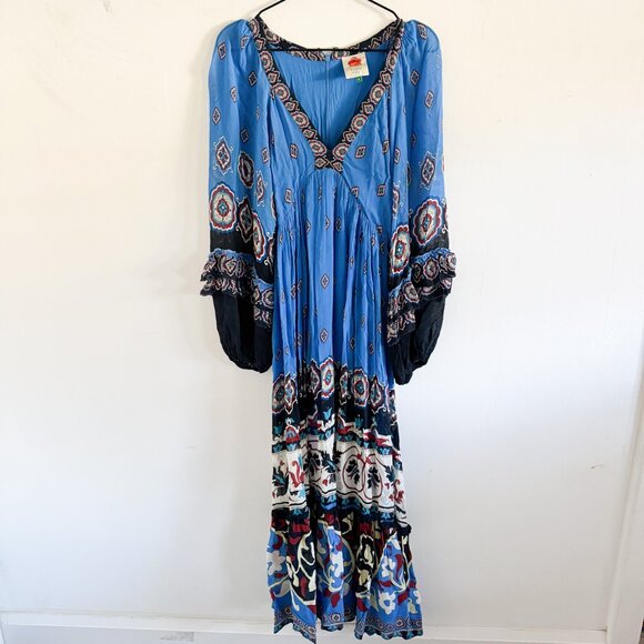 Farm Rio Blue Anika Tiles Maxi Dress S - Picture 2 of 7